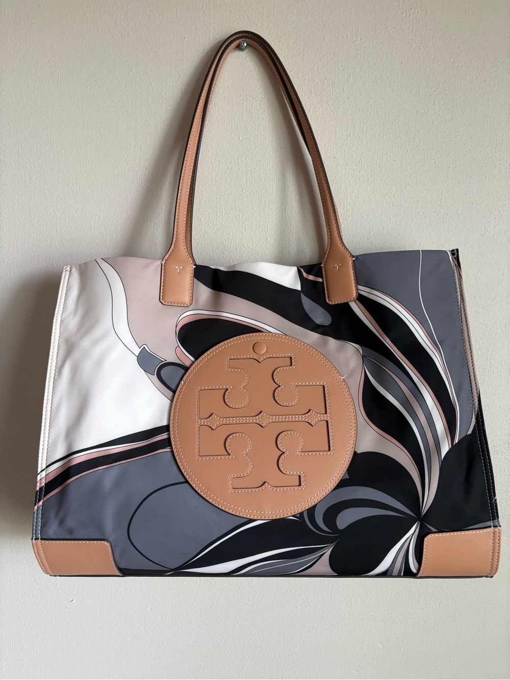 Tory Burch Ella Printed Tote – Twisty Floral Pattern – Tan Leather Trim